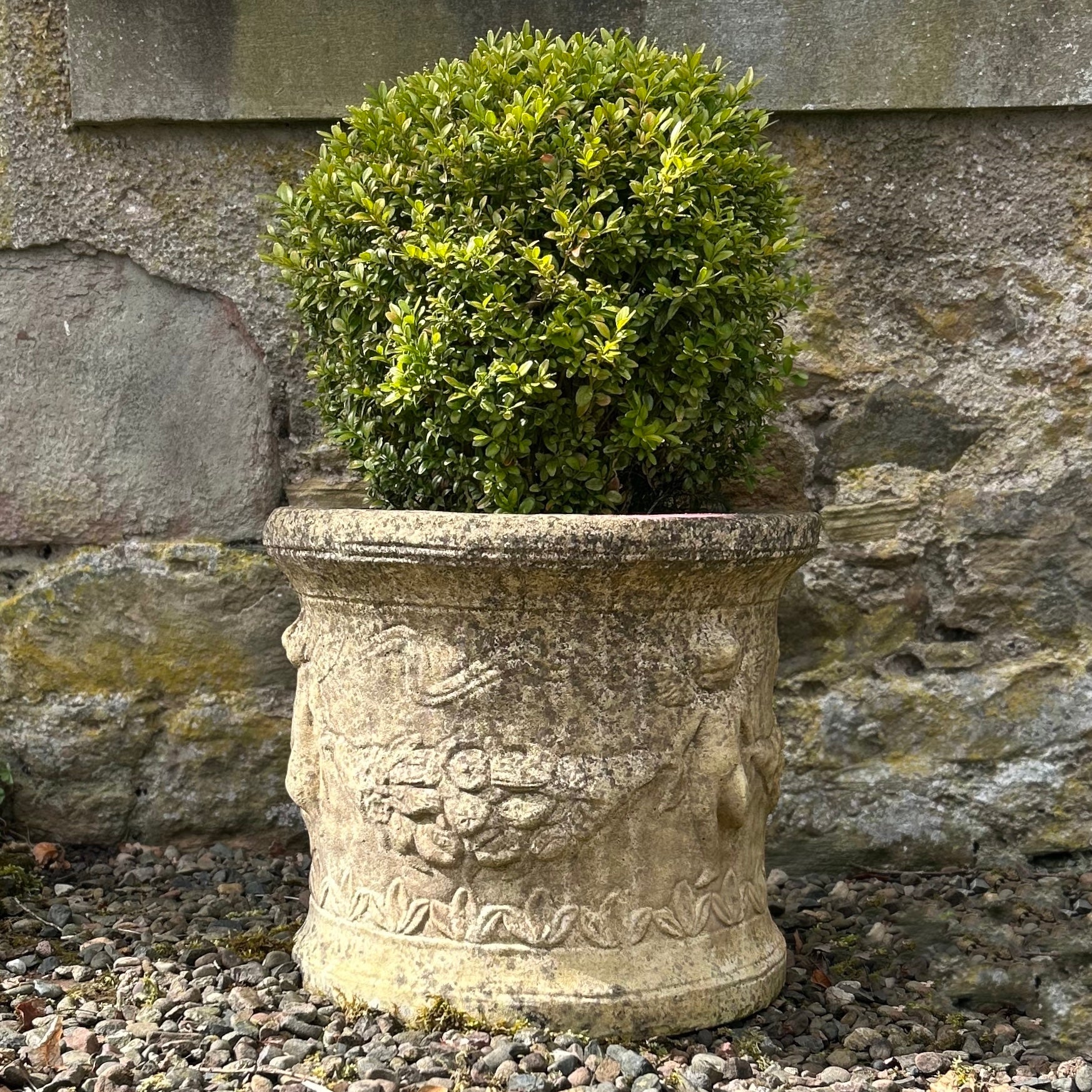 Reclaimed Planter with Putti Design & Buxus Ball