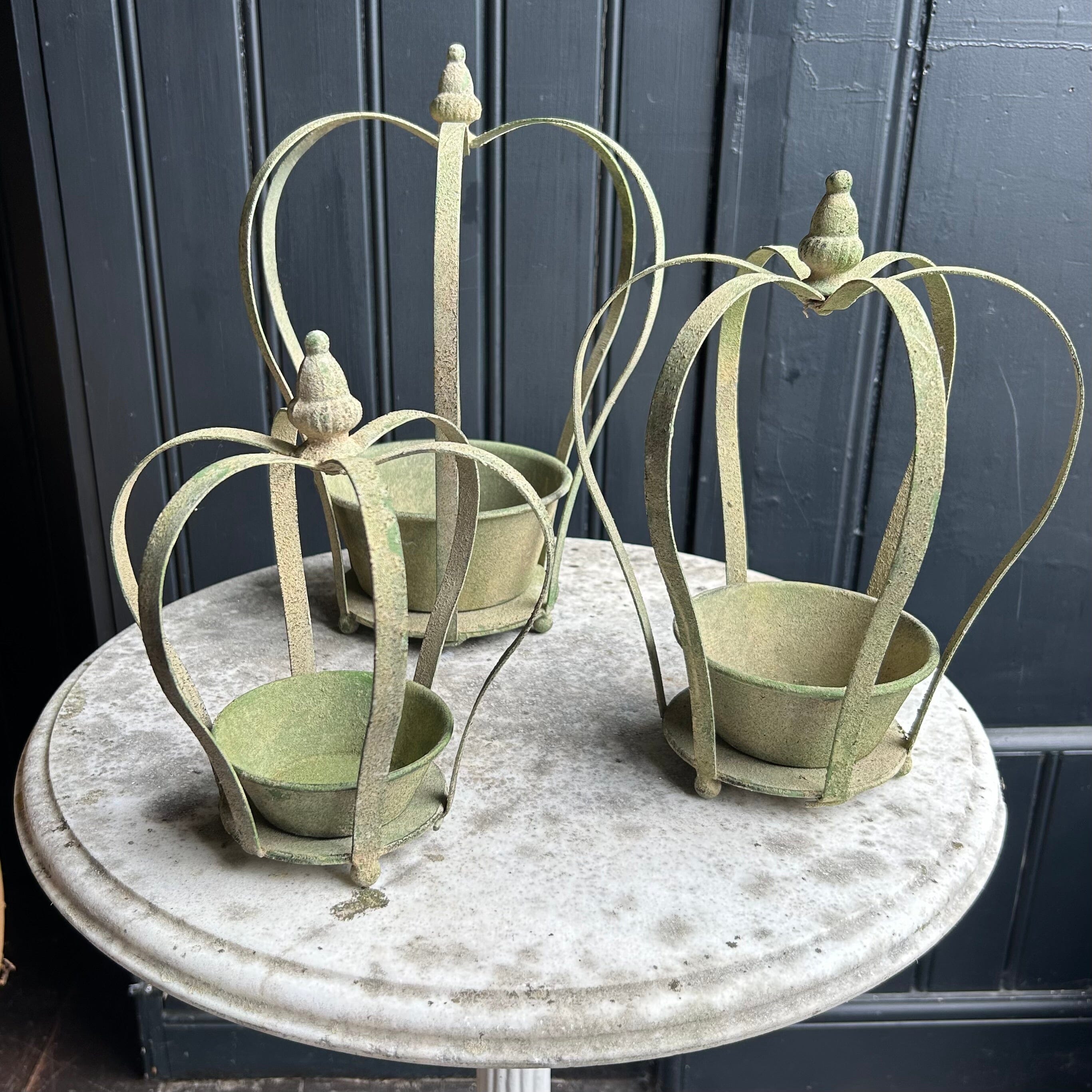 Aged Metal Crown & Saucer Basket planter Fallen Fruits 