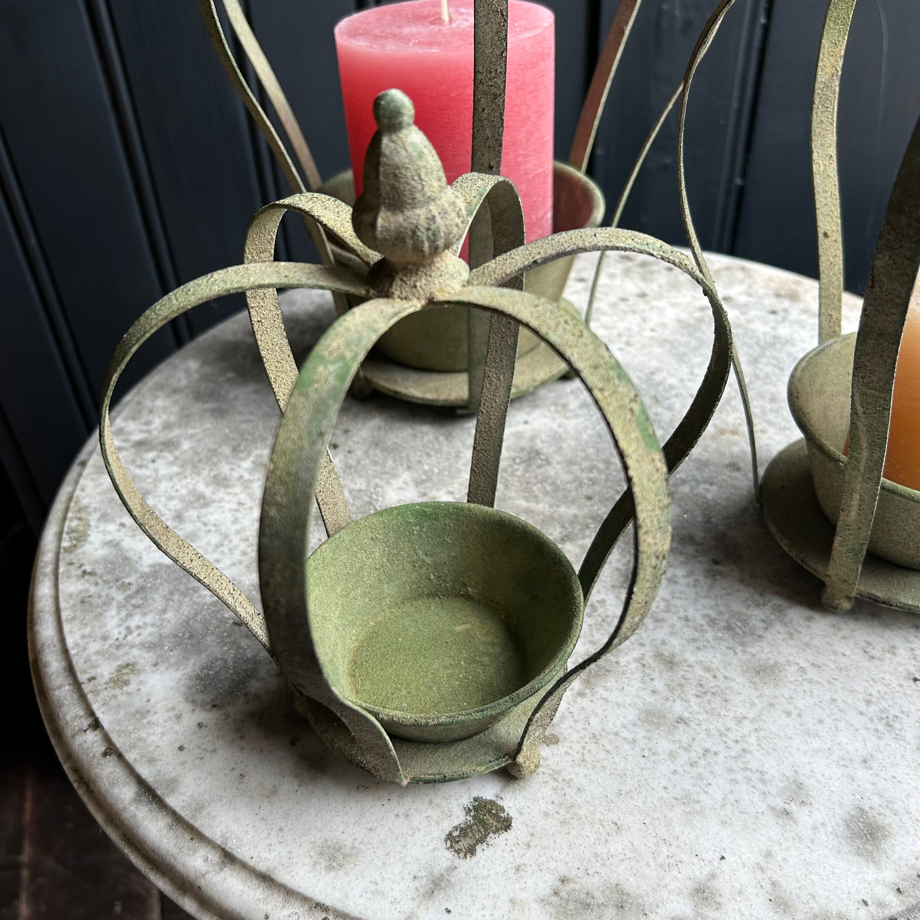 Aged Metal Crown & Saucer Basket planter Fallen Fruits 